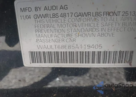 2005 Audi A4 3.0 Special Edition z USA, uszkodzony, nr VIN WAULT68E85A119405